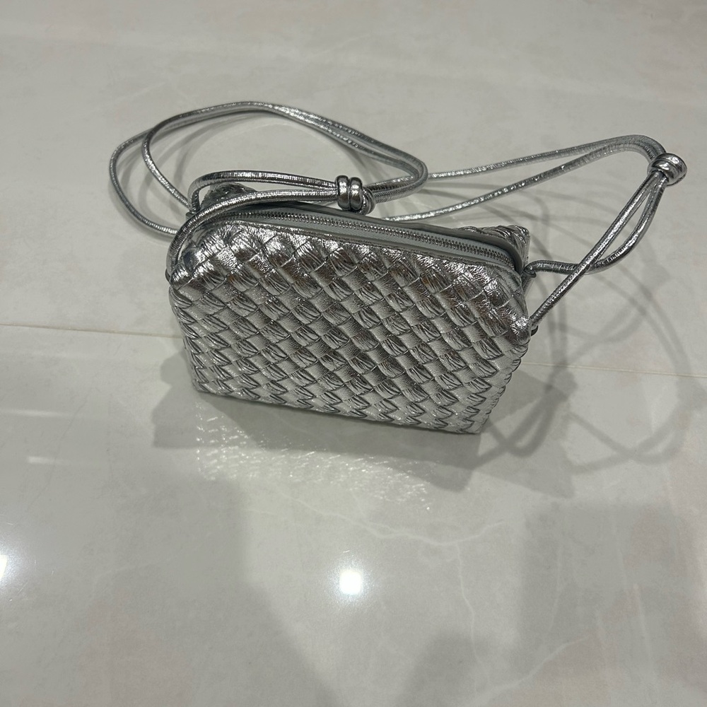 Bottega Veneta Mini Loop Camera Bag In Silver Lambskin Leather